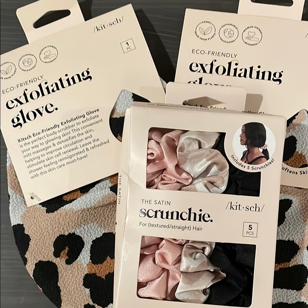 Kitsch Satin Scrunchie Set and exfoliating gloves
